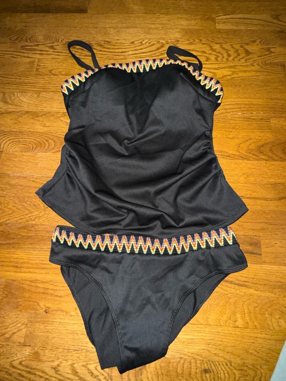 Black Two-Piece Swimsuit with Rainbow Zigzag Trim